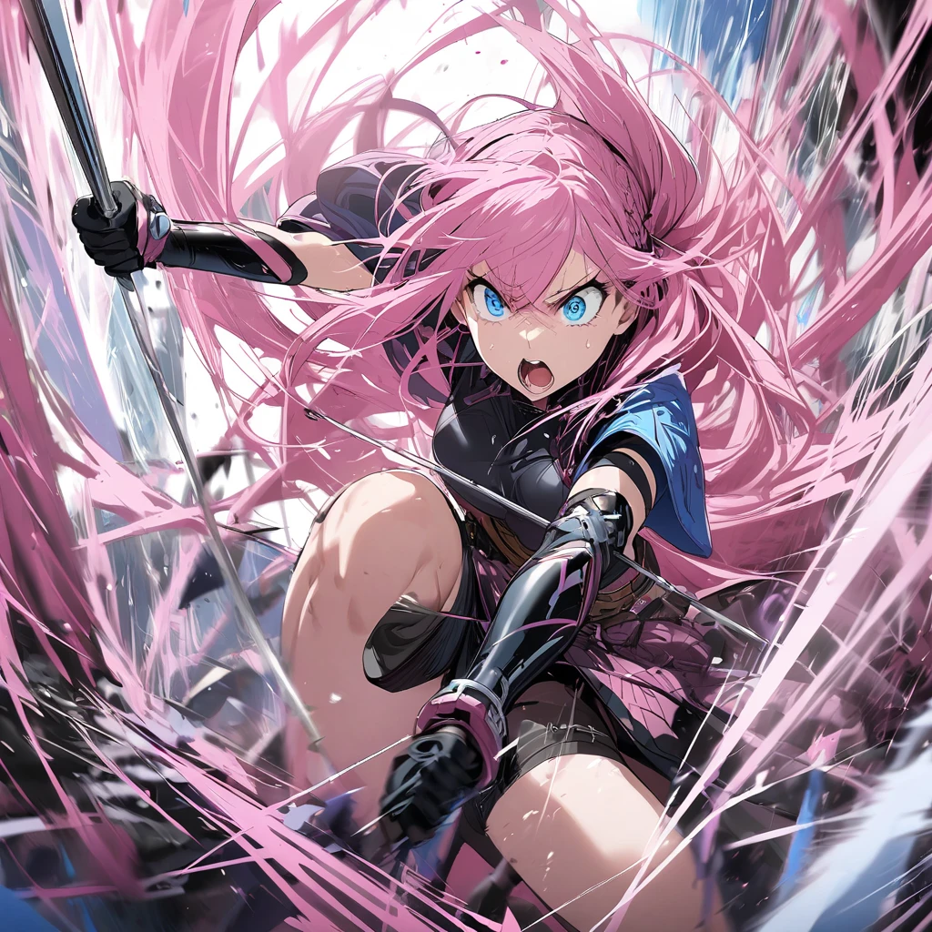 、 girl with pink hair 、 blue eyes、 twin drill、fight、intercede