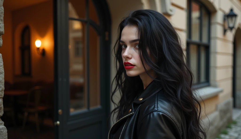  Luis Royo Style young woman, black leather rock style, very white skin, black long hair, red color lipstick on her lips, Luis royo, you see her from behind, she stands in front of the door of A nice old britisch house.  a wealthier part of the town, with elegant, well-kept stone buildings. Dim golden light spills from a few windows, hinting at life within.  The scene is set in a warm summer atmosphere with soft, golden light. the full image very sharp, 8k, nicon,