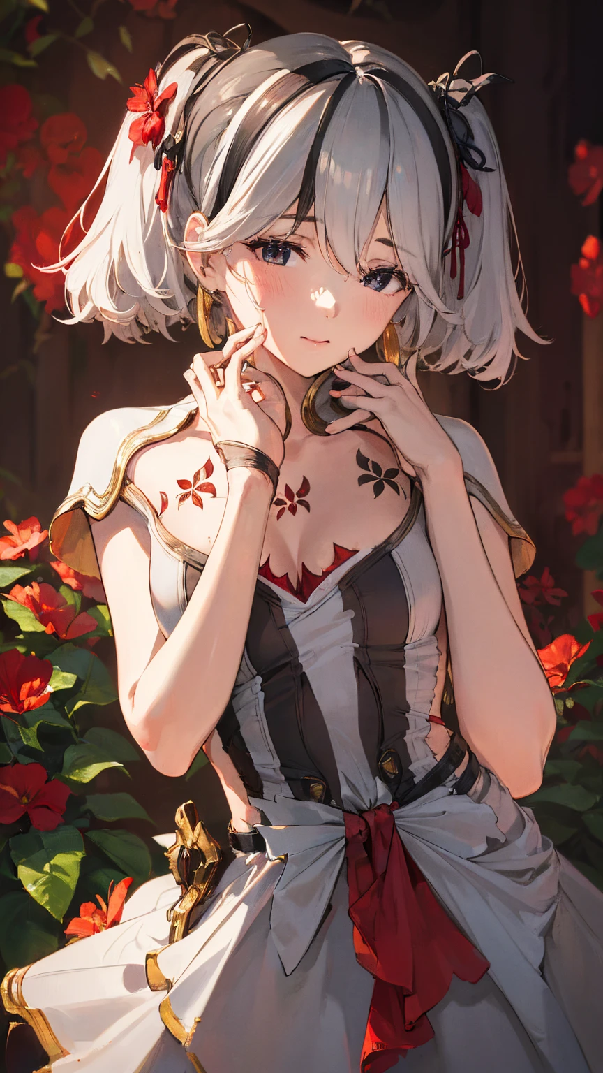 (super fine illustration, masterpiece, best quality, depth of field, ultra detailed), (Front view), 1 girl, alone, looking at the viewer, (hand on own face), Stand, black eyes, twintails, hair flower,hair ornament,white hair,streaked hair, looking at the viewer