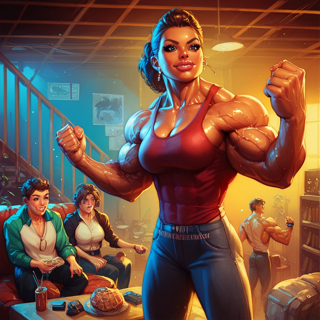 muscle girl with brunette hair flexing massive muscles, most muscular pose, girl with huge muscles in an 80s movie setting, muscle girl, 80s movie setting