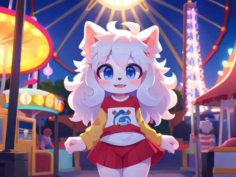 Boy for a cute white dog, thick hair, detailed body, short clothes, amusement park background, high quality 