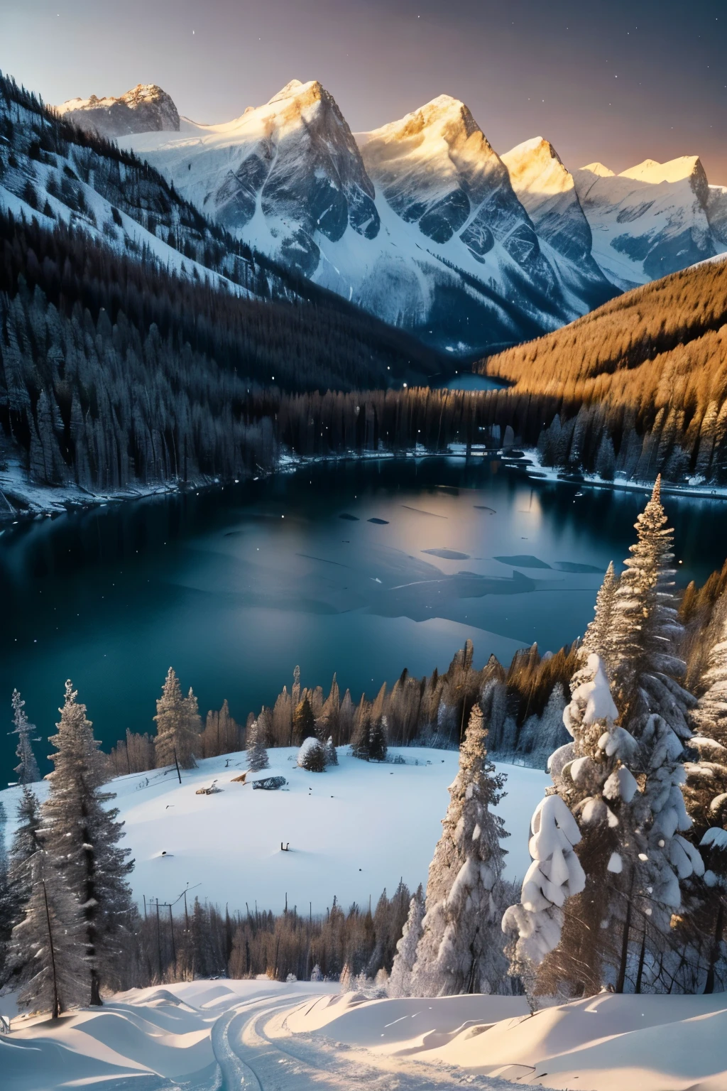 a snowy winter landscape, snow-covered pine trees, frozen lake, mountains in the background, dramatic lighting, warm golden sunlight, vibrant colors, detailed textures, intricate snow patterns, photorealistic, cinematic composition, atmospheric, serene and peaceful mood