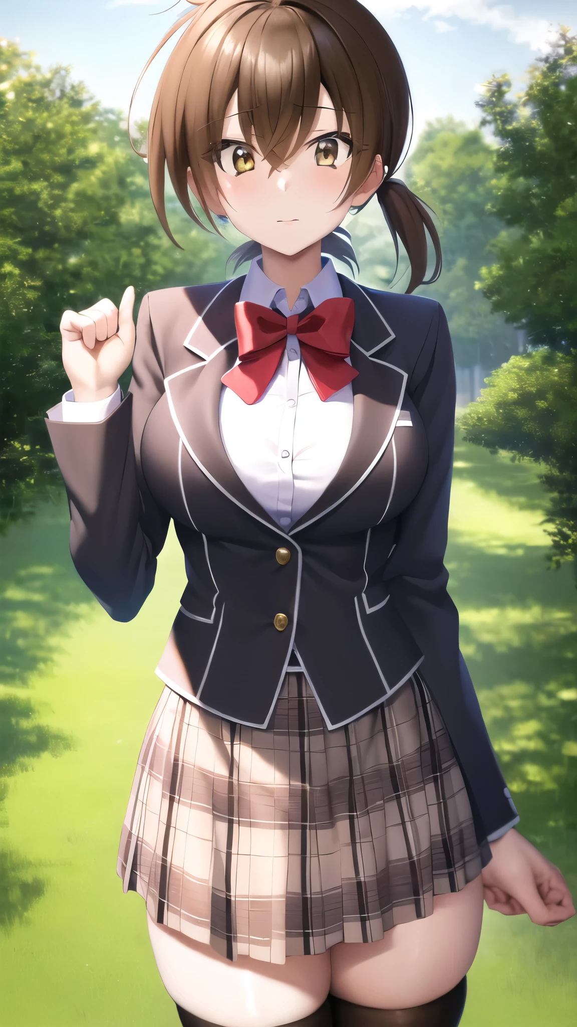 masterpiece, best quality, highres, looking at viewer, girl, solo, issei_hyoudou, brown hair, brown eyes, hair between eyes, large breasts, red bow, striped bow, blazer, blue jacket, long sleeves, plaid skirt, Brown skirt, black thighhighs, outdoors, cowboy shot, standing, looking at viewer,