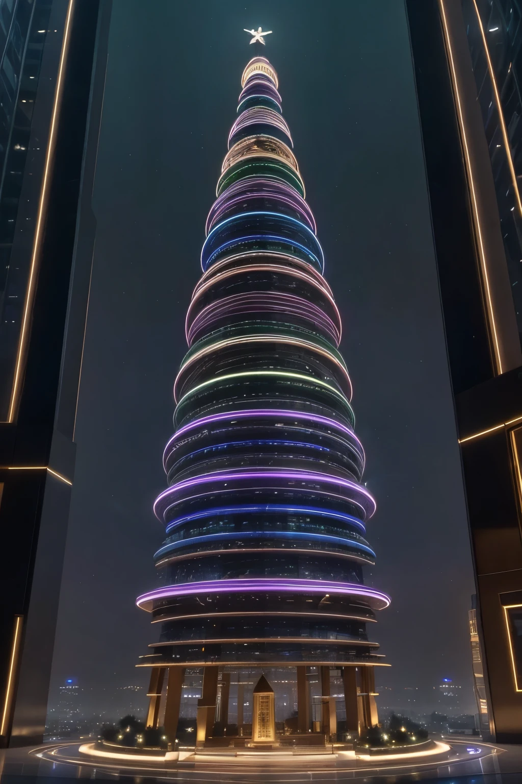 A skyscraper Christmas tree, detailed spiral architecture, intricate metalwork, glowing lights, futuristic design, dramatic shadows, cinematic angles, vibrant colors, volumetric lighting, dramatic atmosphere, otherworldly, hyper-realistic, 8k, ultra-detailed, photorealistic