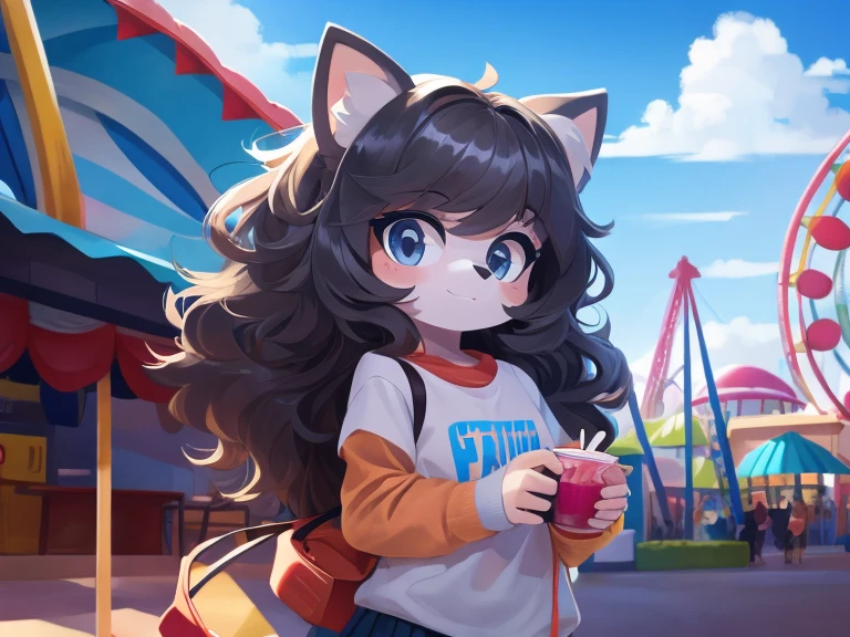 A girl with a cute gray dog, thick hair, a detailed body, plain clothes, an amusement park background, high quality 