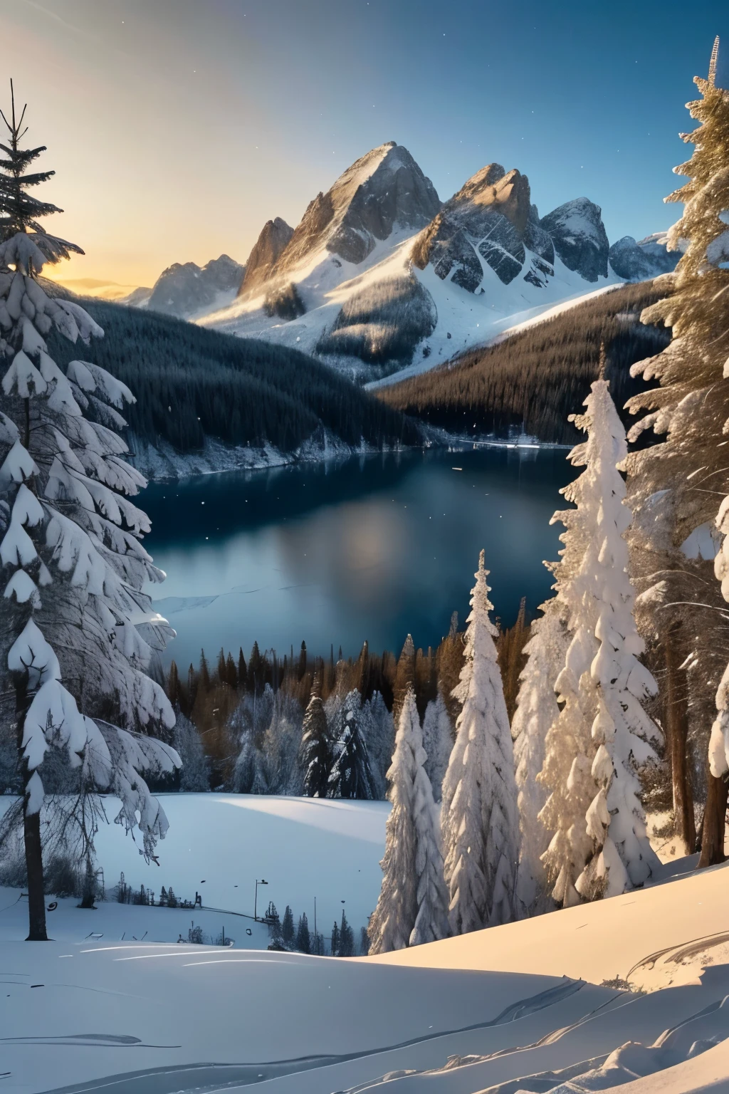 a snowy winter landscape, snow-covered pine trees, frozen lake, mountains in the background, dramatic lighting, warm golden sunlight, vibrant colors, detailed textures, intricate snow patterns, photorealistic, cinematic composition, atmospheric, serene and peaceful mood