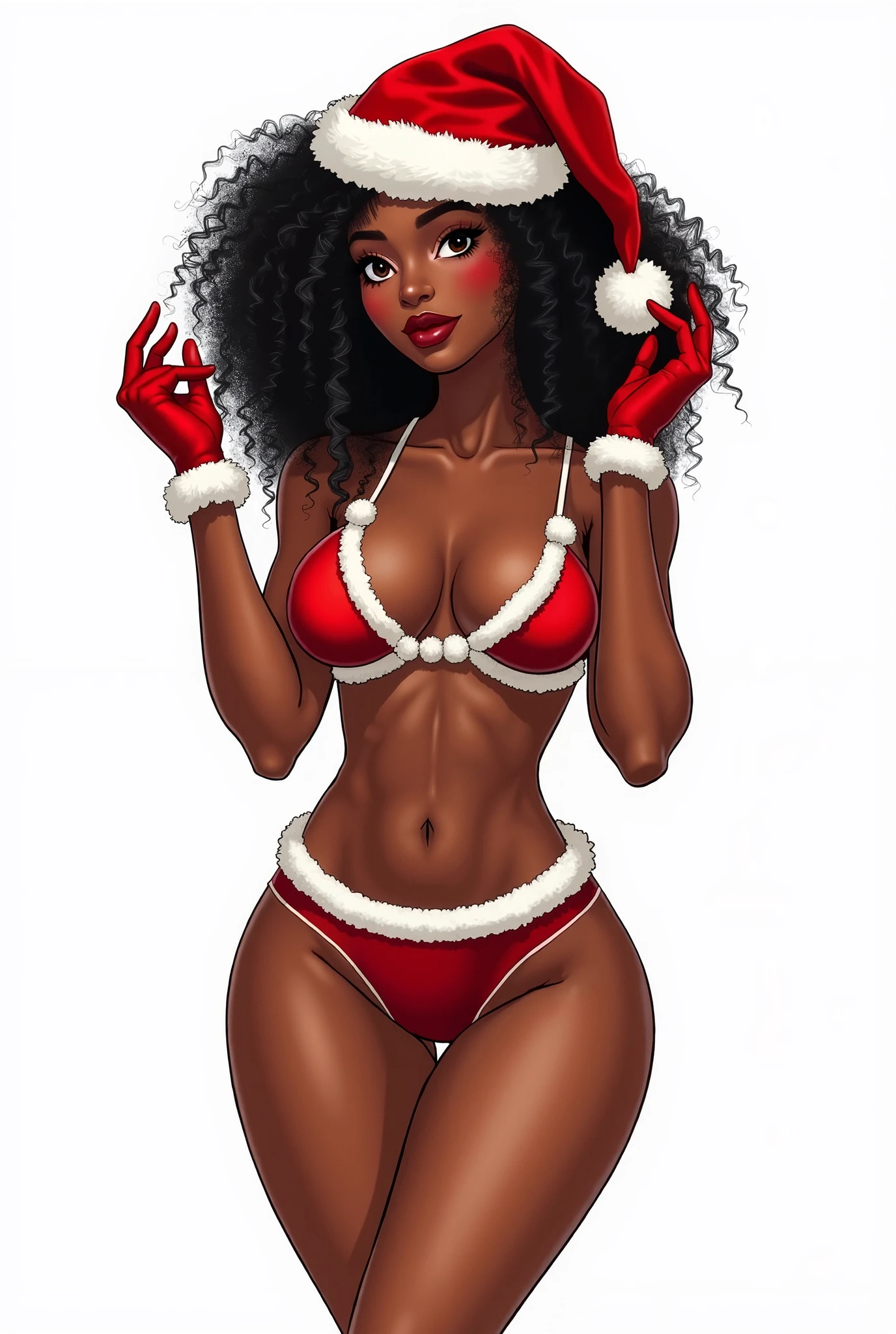 Dark African skin, Very deep ebony skin, Its beauty is undeniable, Excited cute face, Full Body, naked, Ultra-detailed perfect eyes, Seductive, sexy, African long curly African ponytail, Braided African hair, a cute African girl Santa Claus, red shoes, illustrations, ultra-detailed, high-quality (best quality, 4k, 8k, highres, masterpiece:1.2), portrait, vivid colors, warm color tones, realistic (photo-realistic:1.37), festive atmosphere, jingle bells, snowflakes, cozy winter scene, joyful expression, playful posture, winter wonderland, soft lighting, dreamy ambiance