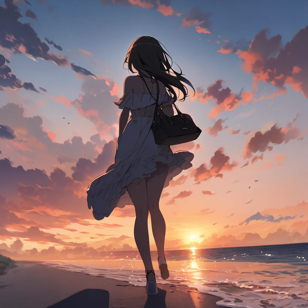 source_anime, score_9, score_8_up,
very wide shot, 1girl, solo, white dress, walking, beach, sunset, evening, whorled clouds, warm lighting, bare legs, barefoot, facing away, from behind,