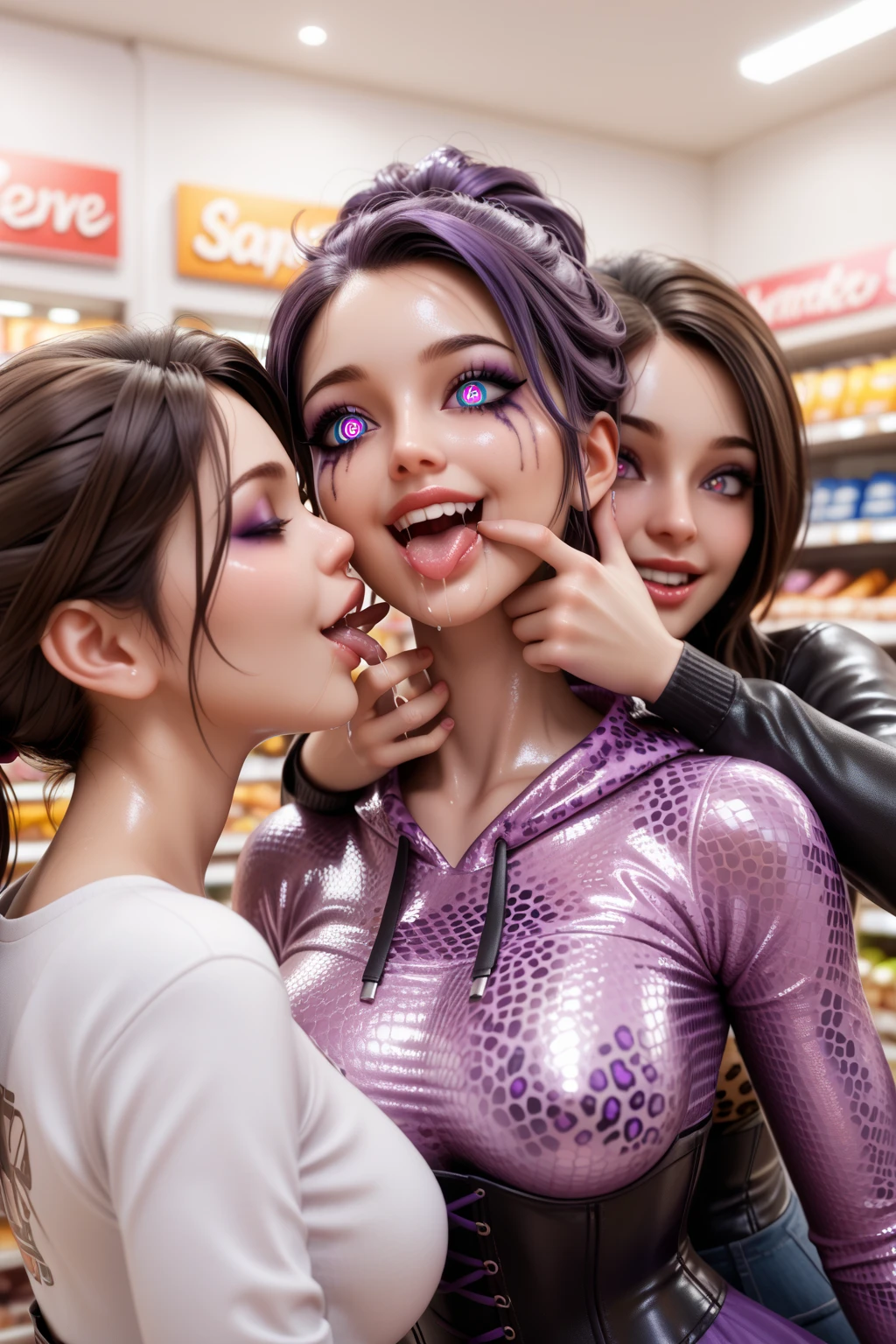 Mother with beehive hairstyle and 3 girls extremely tight shiny metallic purple leopard print sweatshirt, saliva, salivafluss, salivaspur, Lens reflection, Reflected light,  high resolution ,  masterpiece, Strong Makeup,smile, Spiral eyes, Are in the grocery store and shopping, very strong shiny skin, Wide angle, kiss, corset, finger in mouth 