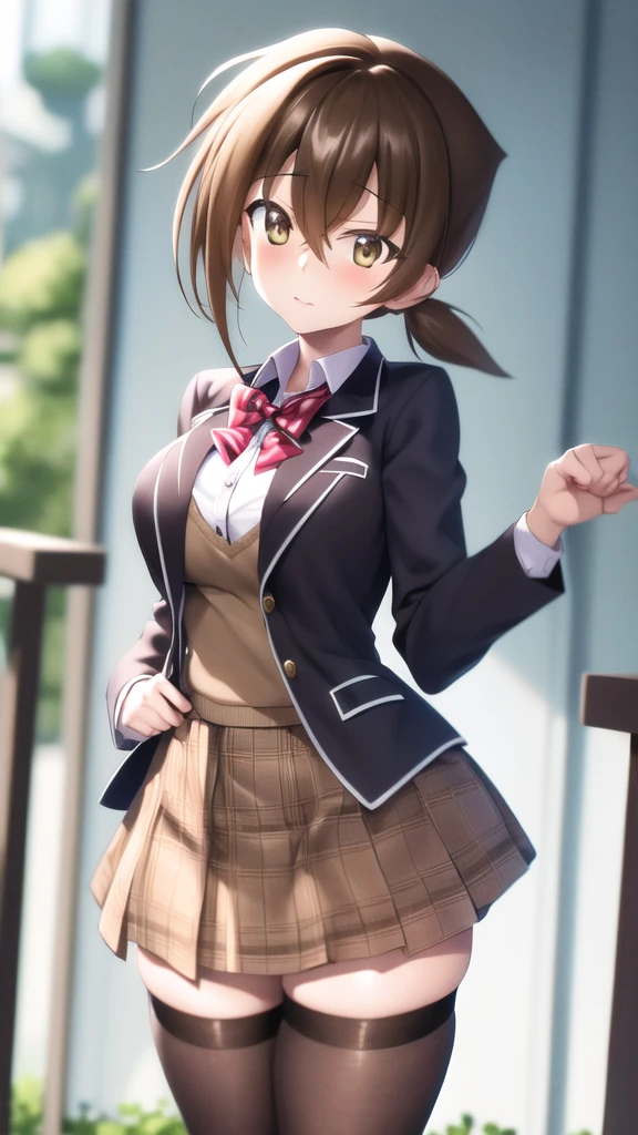 masterpiece, best quality, highres, looking at viewer, girl, solo, issei_hyoudou, brown hair, brown eyes, hair between eyes, large breasts, red bow, striped bow, blazer, blue jacket, long sleeves, plaid skirt, Brown skirt, black thighhighs, outdoors, cowboy shot, standing, looking at viewer,