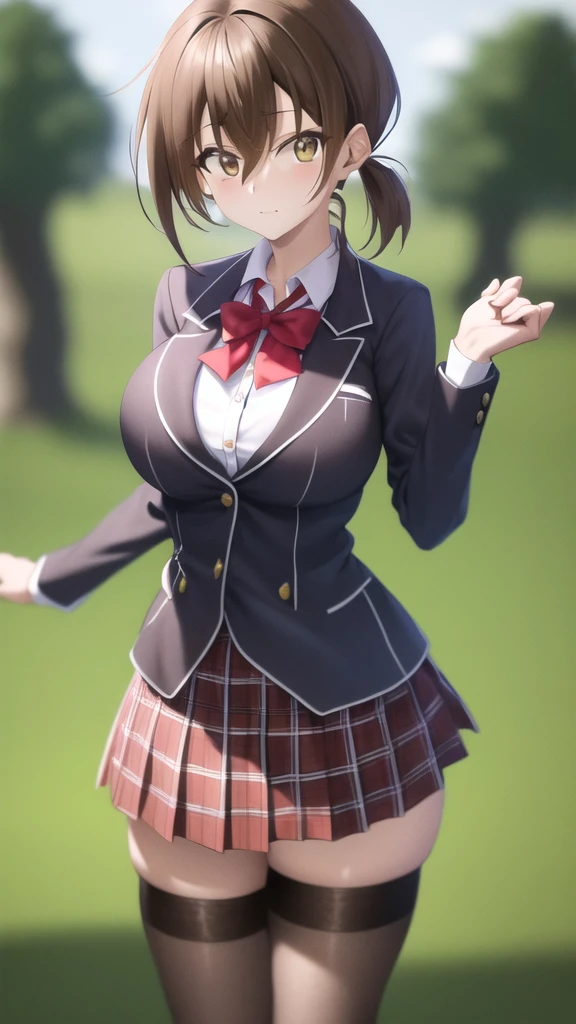 masterpiece, best quality, highres, looking at viewer, girl, solo, issei_hyoudou, brown hair, brown eyes, hair between eyes, large breasts, red bow, striped bow, blazer, blue jacket, long sleeves, plaid skirt, Brown skirt, black thighhighs, outdoors, cowboy shot, standing, looking at viewer,