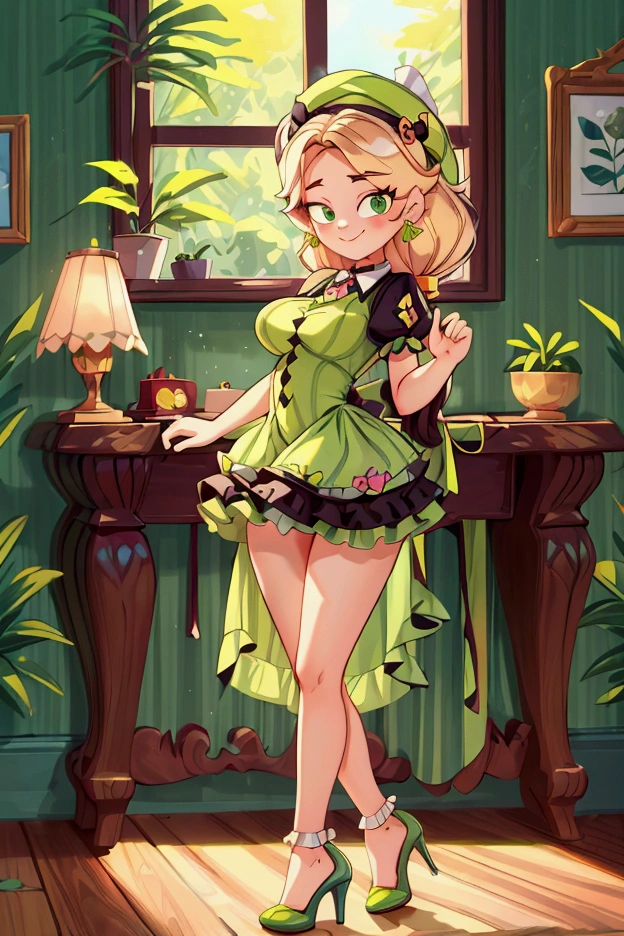 (masterpiece, best quality) 1 girl(Landscape: standing, indoor, intricate detail, sunlight) (Outfit: black and green frilly striped dress, high heels, earrings, beret) (Body: white blonde long hair, green eyes, teen gorgeous body, gorgeous legs, pronounced breasts, lovely) (Expressions: smiley face, sexy pose, coquette)