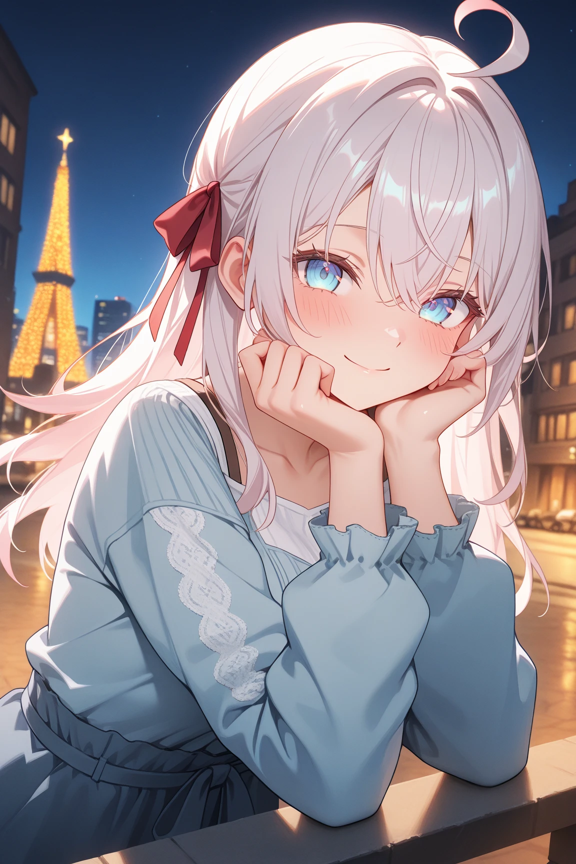 1girl,Alisa Mikhailovna Kujou, Alya Sometimes Hides Her Feelings in Russian, casual wear, blush, smile, leaning, looking at viewer, cinematic angle, upper body, outdoor, city, night, shiny skin,

Masterpiece, best quality, newest, intricate details, 