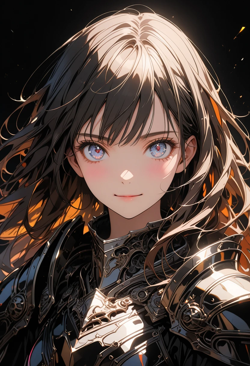 1girl, (Portrait of a beautiful girl, dark fantasy), (brave female Knight, wearing metal armor), detailed beautiful face, (finely detailed beautiful eyes), (blush:1.2, smile), (straight hair, brown hair, bangs), BREAK, elegant, gorgeous, stunning, delicate features, ((black background:1.5)), BREAK, ((upper body:1.3)), (close up of face:1.3, detailed depiction of the face:1.3, from front, looking at viewer:1.3, face focus), deep depth of field, broad lighting, cinematic composition, vivid colors, (very detailed, ultra-high resolution, absurdres, highres, masterpiece, best quality, very aesthetic, fine texture, newest, perfect lighting, best shadow, sharp focus, high contrast, high color saturation, anatomically correct, perfect hands, 8k), (anime art style), key art, award winning,