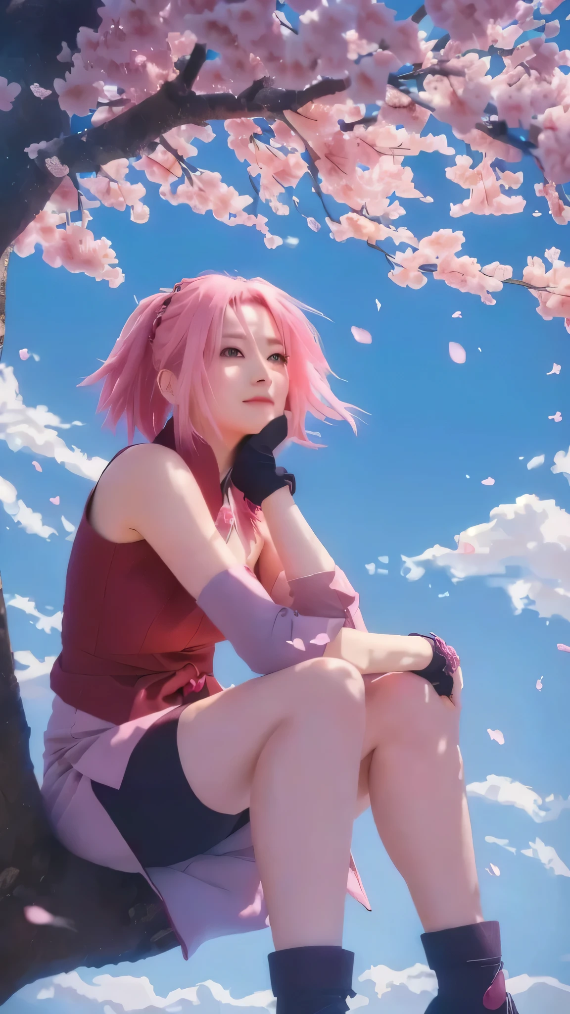 realistic girl sitting on a tree branch with pink flowers, sakura haruno, haruno sakura, sakura haruno in slug sage mode, sakura petals around