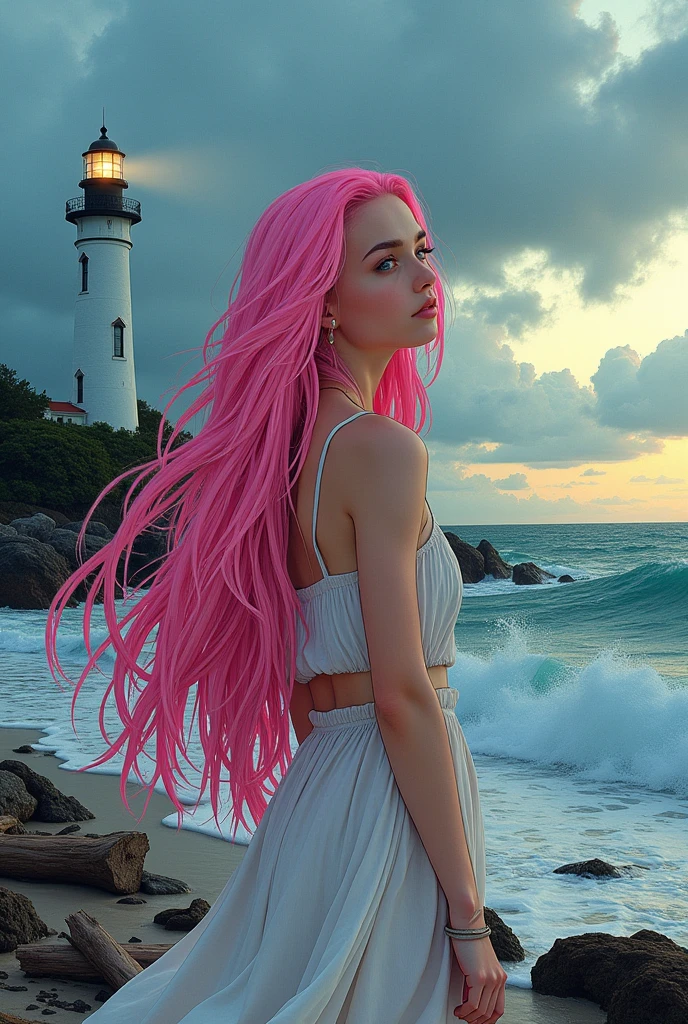 Woman with pink hair, sad with feeling of emptiness and end of life, on the edge of an abyss.
