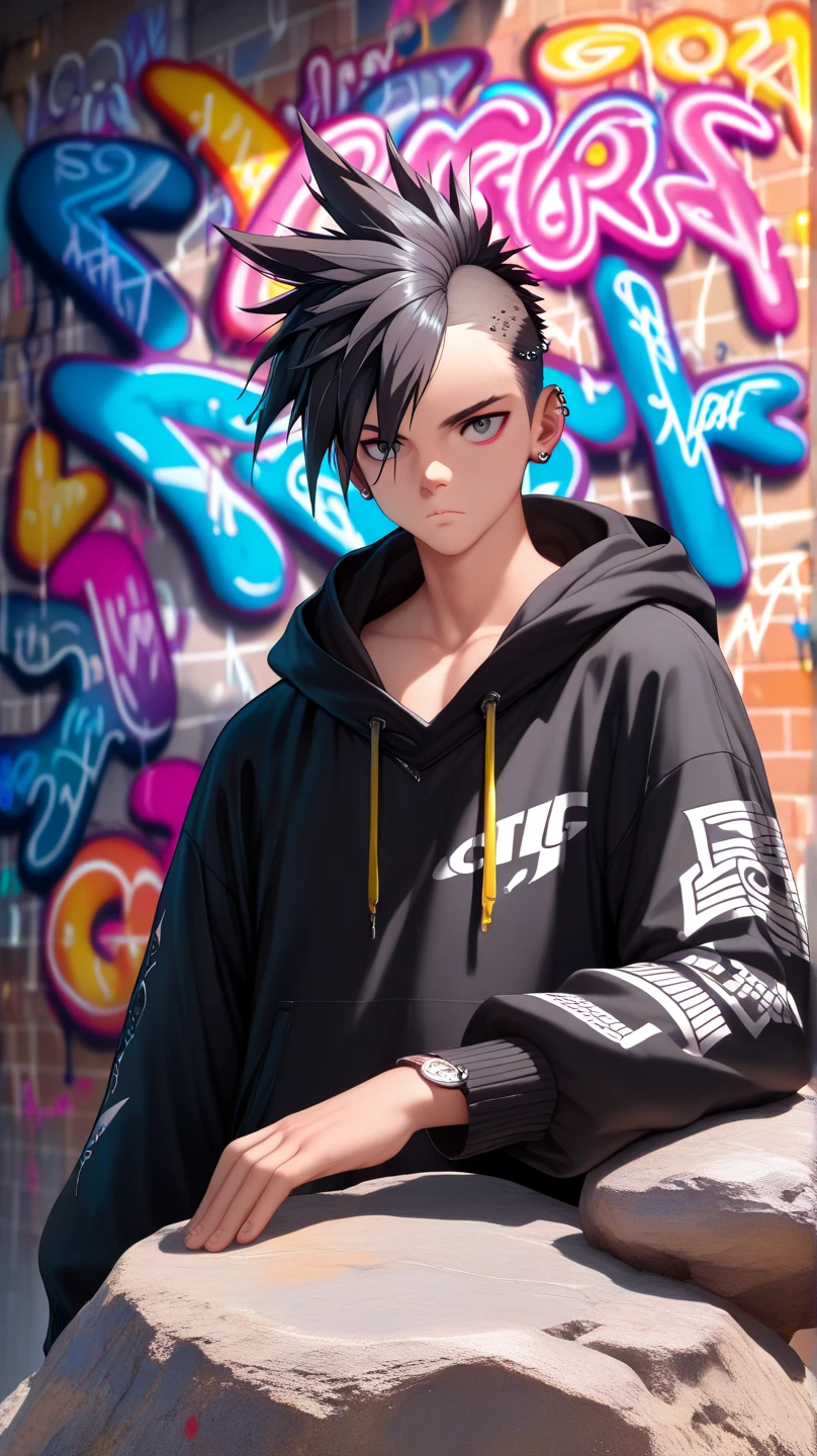 HD, (Best Detail) (Best Quality),Man, adult man, tall, handsome, cool, beautiful, expressionless face, oversized hoodie, black clothes, black hoodie, black hair, black eyes,(((Graffiti art))), (((Trigger studio style, graffiti art, rock punk, neon colors)))