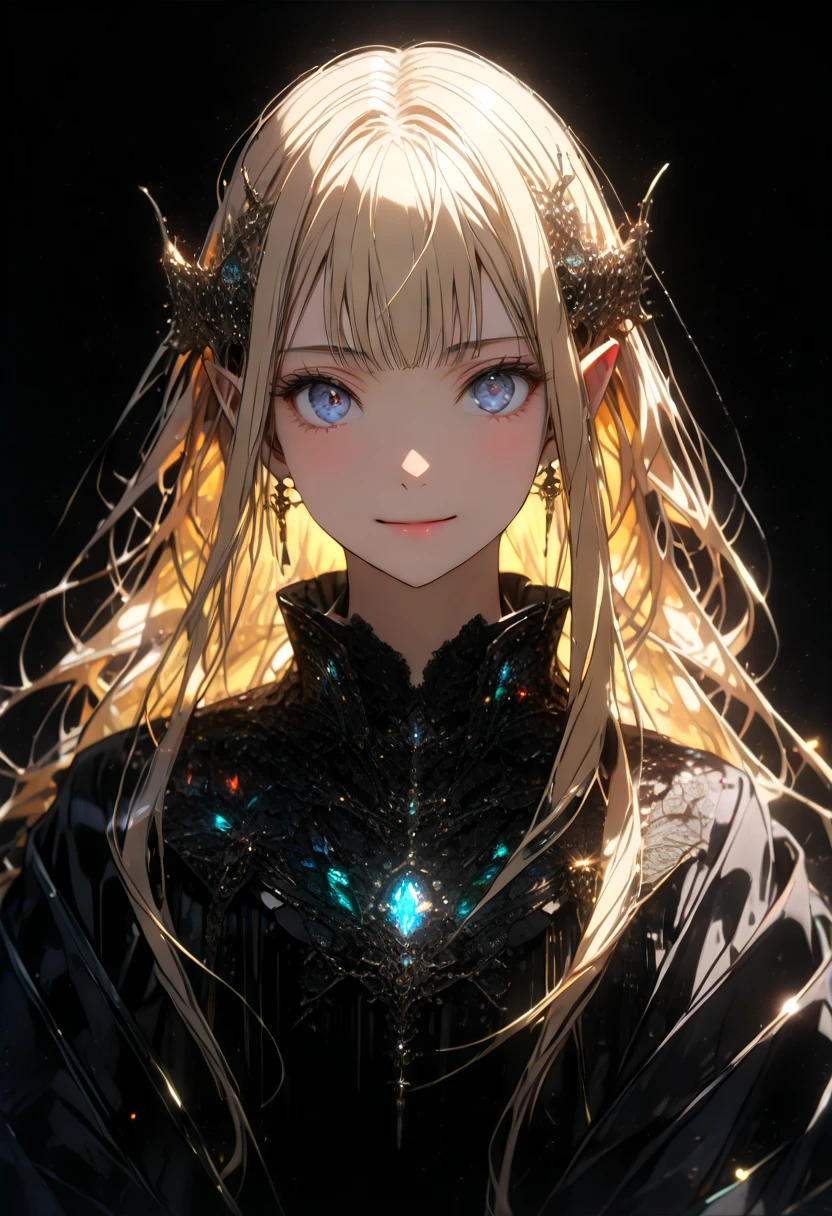 1girl, (Portrait of a beautiful Elf, dark fantasy), great wizard, Wearing elegant magic robe, detailed beautiful face, (finely detailed beautiful eyes), (blush:1.2, smile), (long straight hair, shiny blonde hair, bangs), elegant, gorgeous, stunning, BREAK, 
elegant, gorgeous, stunning, delicate features, ((black background:1.5)), BREAK, 
((upper body:1.3)), portrait photography, (close up of face:1.3, detailed depiction of the face:1.3, from front, looking at viewer:1.3, face focus), deep depth of field, physically-based rendering, broad lighting, cinematic composition, vivid colors, (very detailed, ultra-high resolution, absurdres, highres, masterpiece, best quality, very aesthetic, fine texture, newest, perfect lighting, best shadow, sharp focus, high contrast, high color saturation, anatomically correct, perfect hands, 8k), (anime art style), key art, award winning,