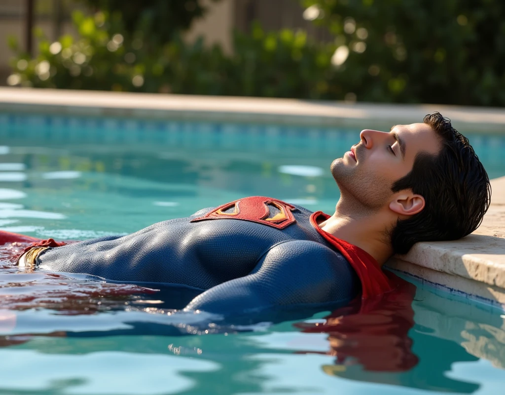 a muscular attractive h3nr4, Henry Cavil with Short stubble, muscular thighs, Shirtless, illuminated by bright, natural light, wearing a Superman suit, eyes closed, dressed with a blue Superman costume lying on back on water, relaxing. Outdoor thermal pool. Mental health concept