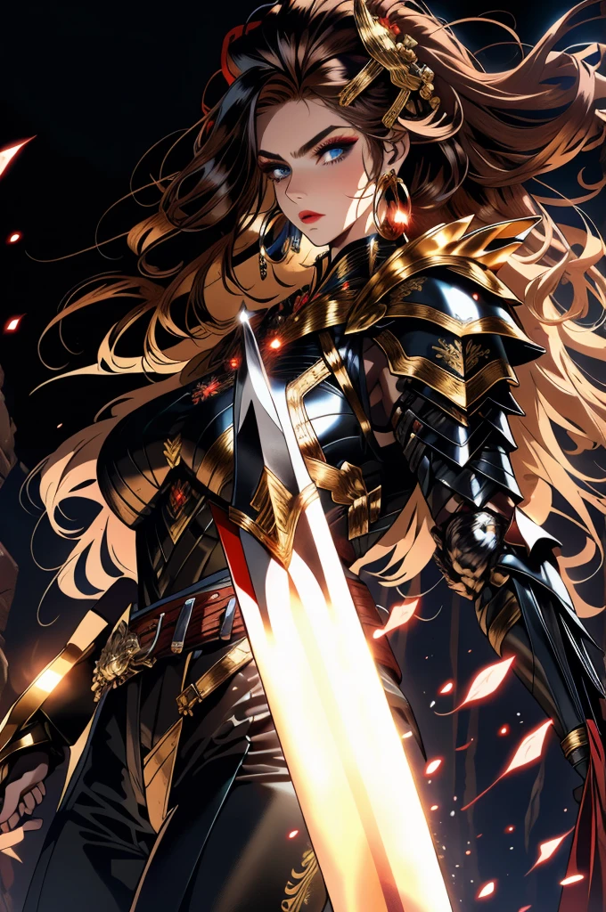 (masterpiece:1.2), (best quality:1.2), perfect eyes, perfect face, volumetric lighting, 1girl, tall mature female warrior, muscular, long hair, pompadour cut, heavy armor, huge pauldrons, gauntlets, cloak, belt, spear, leather pants, stern expression, makeup, lipstick, eyeshadow, mascara, thick eyelashes, dark fantasy, outdoor, detailed background, hand on hip