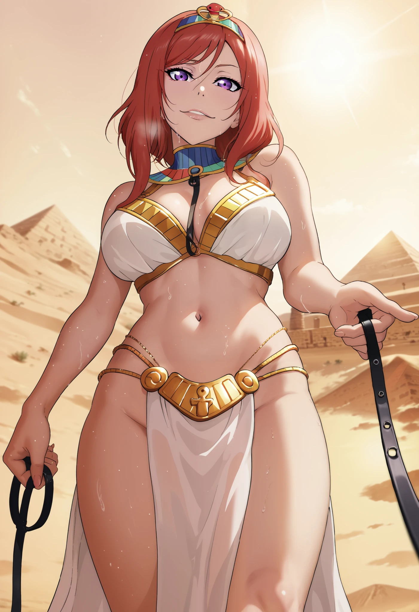 looking at viewer, pov ,navel, cleavage,(wearing sexy Egyptian dress),tiara,in Egyptian desert,sun and pyramid in background, from below, humiliation, seductive, perfect lighting, perfect shadows, nishikino maki, purple eyes,red hair, RUKIA Style, seductive smile,copra,Ectomorph, skinny body,Lean with visible bones,on leash,leash pull,big breasts, sweating