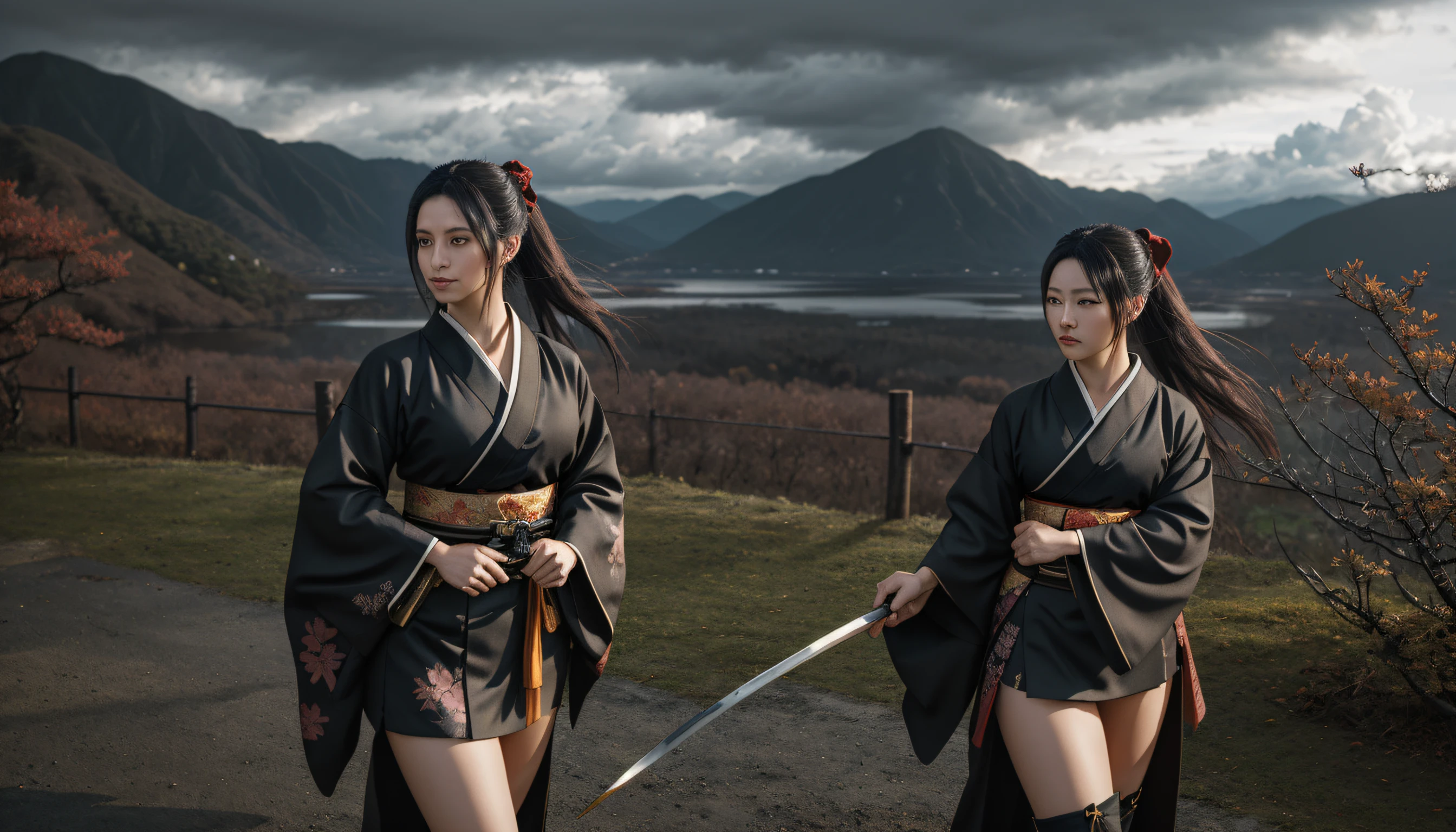2 hot lady samurai dressed in cyberpunk costumes, duel each other with deadly weapons, they are in a blooming cherry orchard in mid day