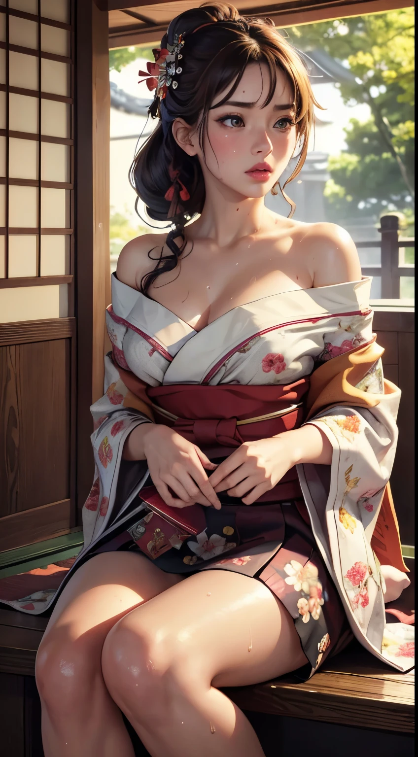 masterpiece, best quality, highres, hyper realistic, ultra detailed clothes with summer floral pattern, detailed skin, (sweat:1.2), 1girl, detailed face, (detailed pupils, cornea, beauty irish), realistic nose, red lips, sensual lips, model lips gimmick, honoka, miko, hakama skirt, sitting, japanes shrine's gate, sad, off shoulder