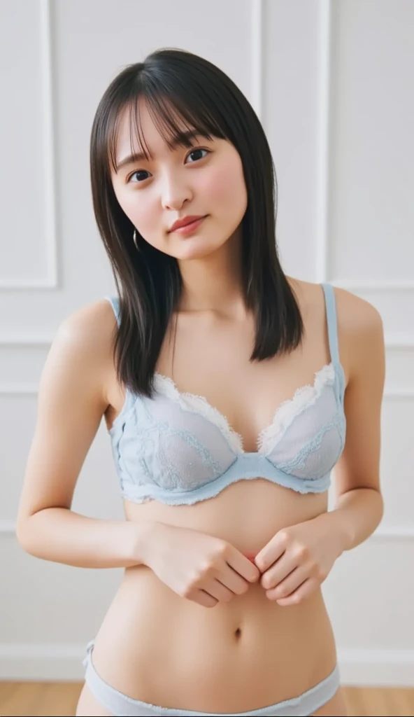 naked， light blue and white lingerie，細身の体，        small breasts，       small ass       ，T-bag   ，    small breasts，    Masterpiece  ,    best quality     ,     whole body