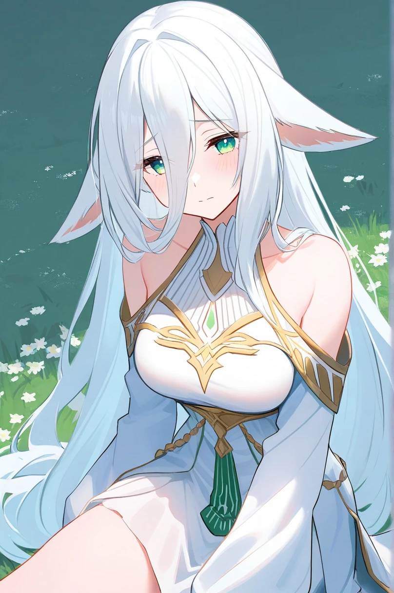 ((beautiful face)), ((masterpiece, best quality)),1girl,15s,teen,long hair,twintail hair,white hair,ahoge,lamia tail,((white lamia tail)),(white background),pointy ears,sleeveless,white shirt,(cleavage),blue eyes,(( on the grass,blue sky,village)),o:,Close up