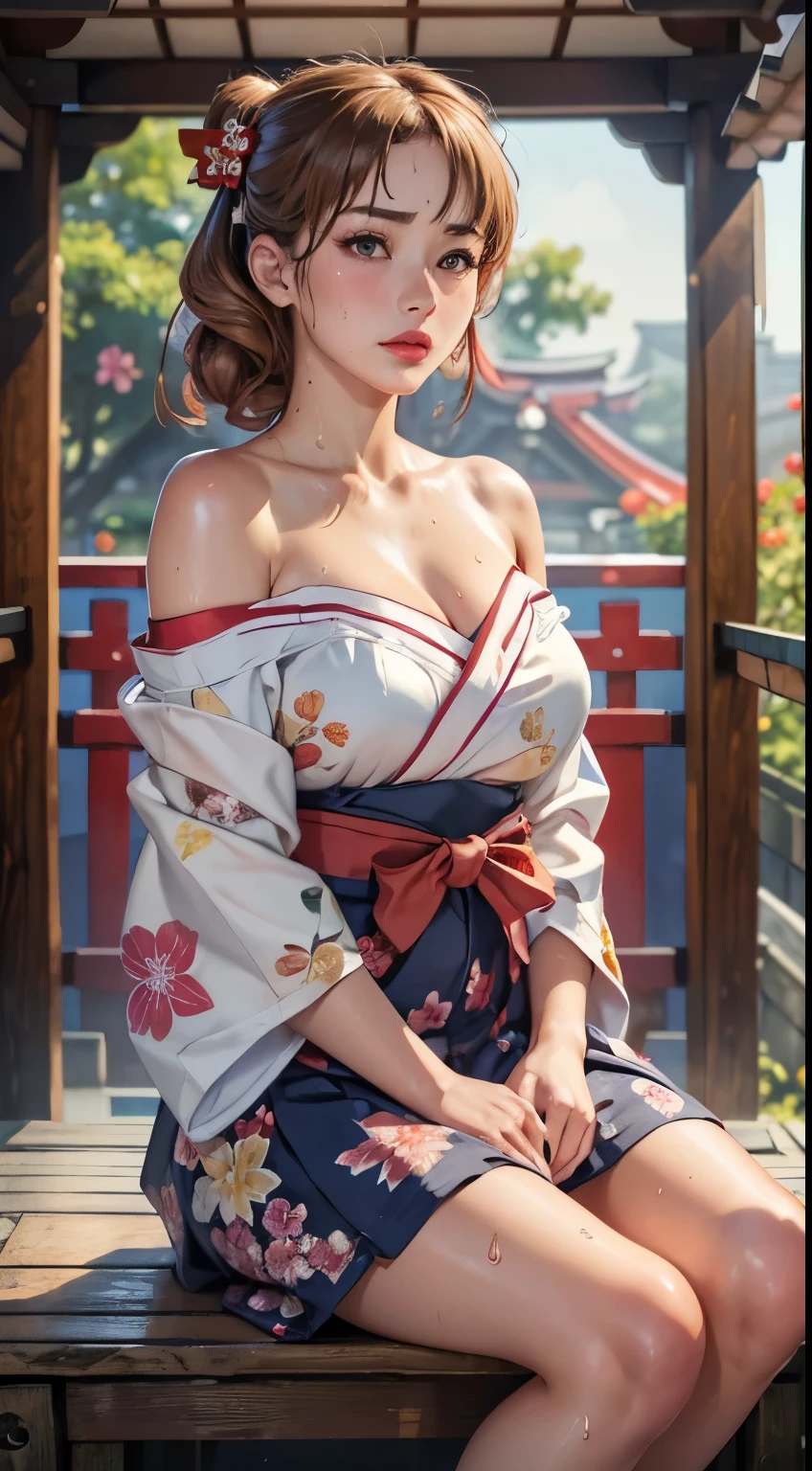 masterpiece, best quality, highres, hyper realistic, ultra detailed clothes with summer floral pattern, detailed skin, (sweat:1.2), 1girl, detailed face, (detailed pupils, cornea, beauty irish), realistic nose, red lips, sensual lips, model lips gimmick, honoka, miko, hakama skirt, sitting, japanes shrine's gate, sad, off shoulder