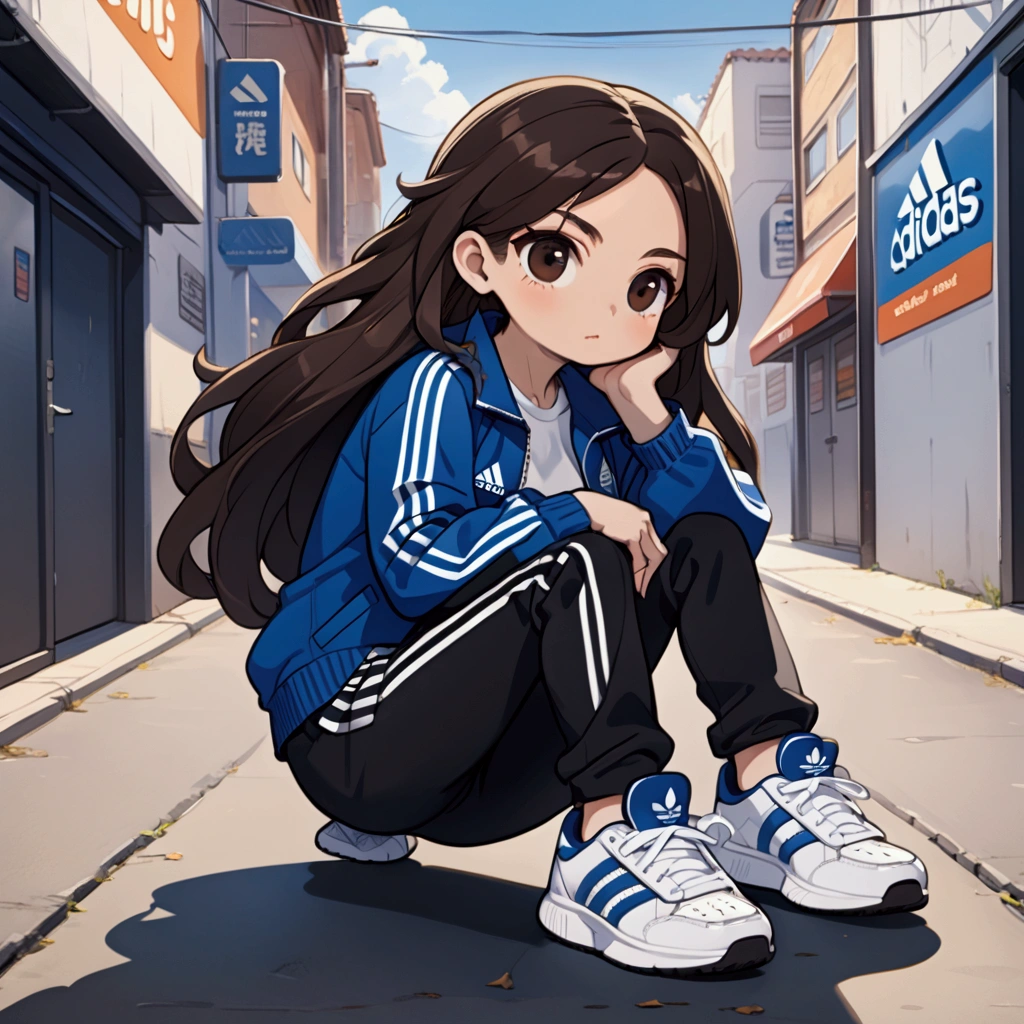 Cute adult girl, blue Adidas jacket, black pants, white shoes, detailed image, high quality, anime style, Long, straight dark brown hair, brown eyes.