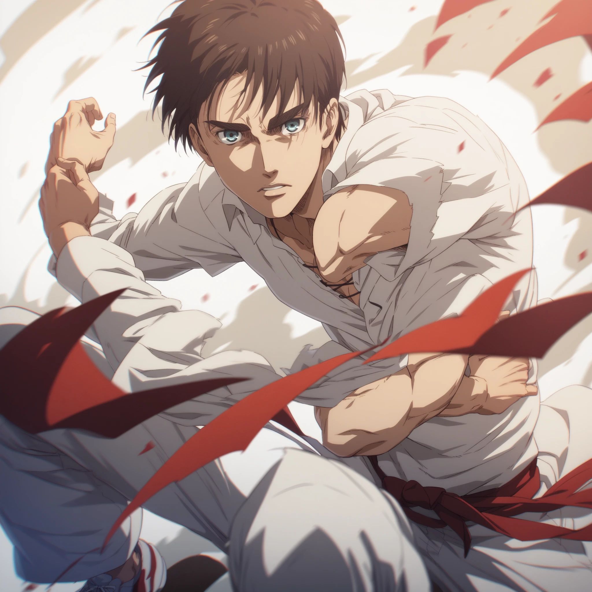 anime 2d, best quality, Eren Jaeger adult , man, best Definicion,  muscular body ,  a tight long sleeve shirt black ,  loose fitting white martial arts pants,  a red belt around the waist ,  tai chi sneakers on the feet , high resolution,  masterpiece , anatomically correct, Details altos, Looking at the viewer, Preciso, UHD