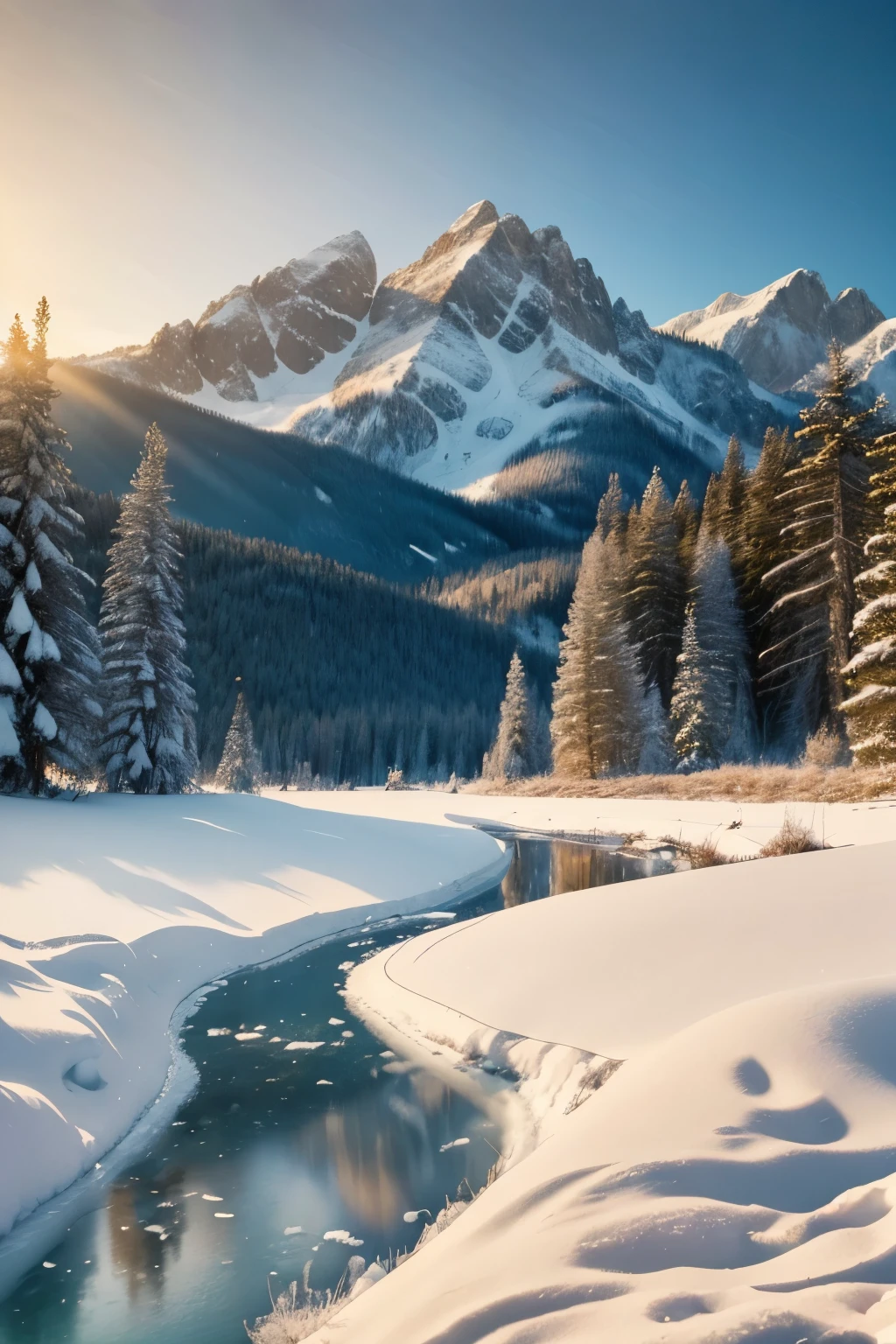 a snowy winter landscape, snow-covered pine trees, frozen lake, mountains in the background, dramatic lighting, warm golden sunlight, vibrant colors, detailed textures, intricate snow patterns, photorealistic, cinematic composition, atmospheric, serene and peaceful mood