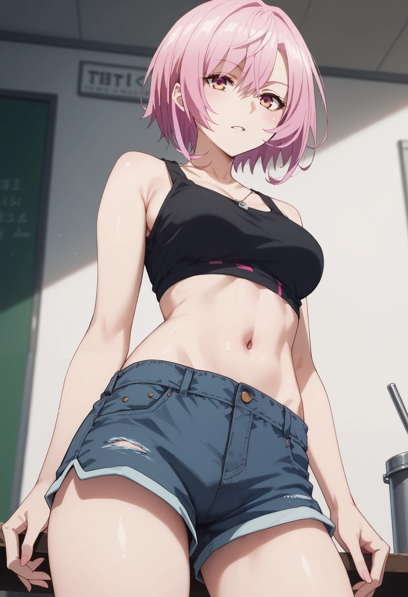 : score_9,score_8_up,score_7_up,,solo,smart_sitri,short_hair,pink_hair,(((top tank,shorts,midrif,navel)))
