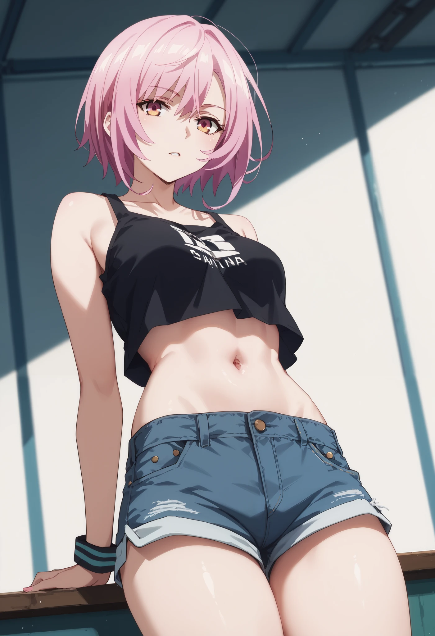 : score_9,score_8_up,score_7_up,,solo,smart_sitri,short_hair,pink_hair,(((top tank,shorts,midrif,navel)))