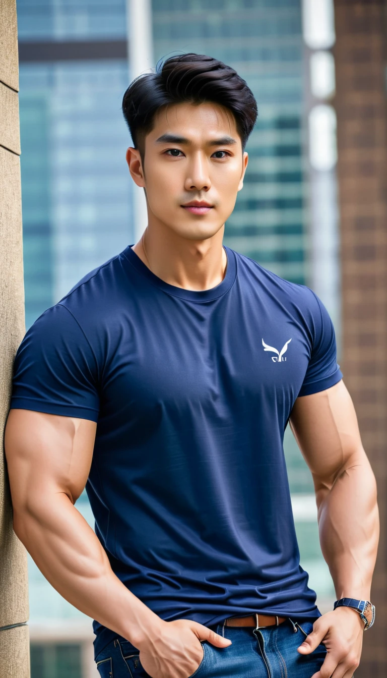 (Original),Orihansome ,  malekorea handsome  ,pectoral muscles, Large arm muscles ,Blood vessel,, wide shoulders ,  wear a navy blue t-shirt without logo and jeans 