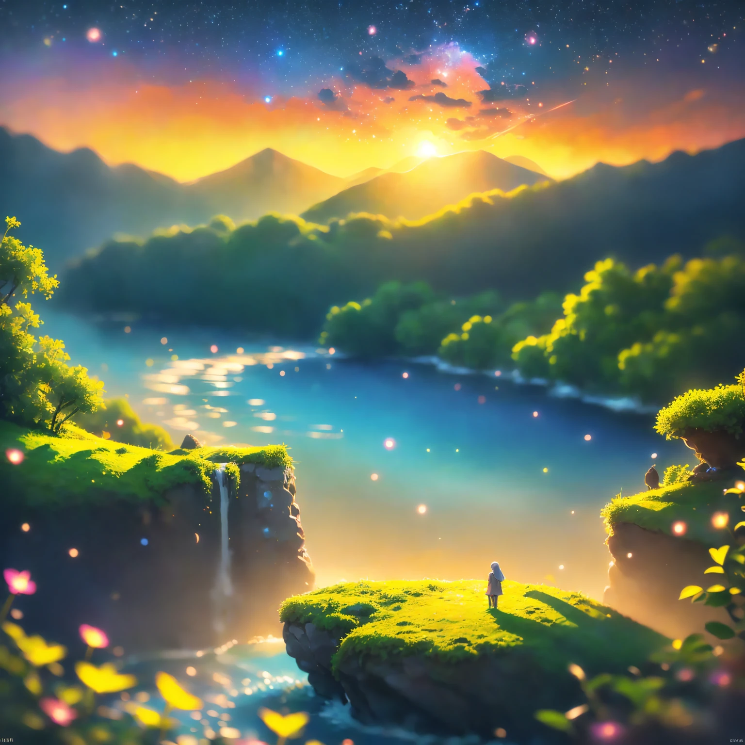 8K quality,(super masterpiece:1.3), best quality, detailed images,unmanned,(In the mountains,Lush trees々, smaller木々, with lots of petals dancing, smaller(cliff, Rock Field, fantastic waterfalls),river,river辺,moss,水moss, full moon,Sunset,background(sunset,sunsetの空,cloud, starry sky , gradation for 1 person)).