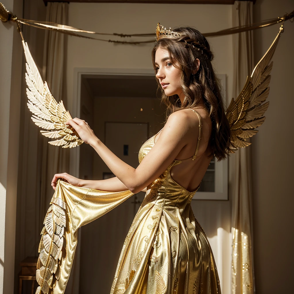 Woman with white dress and fabrics that look like wings, golden headdress with green feathers
