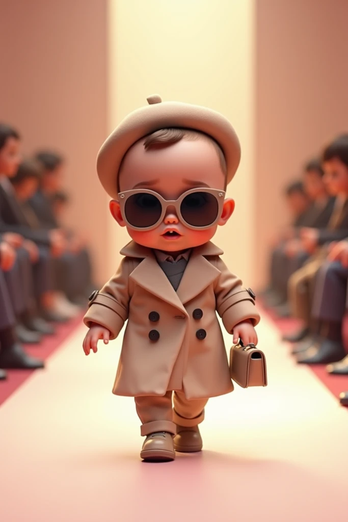 New with a very large head, dressed in a Rolex suit and hat, at a realistic full-length fashion show