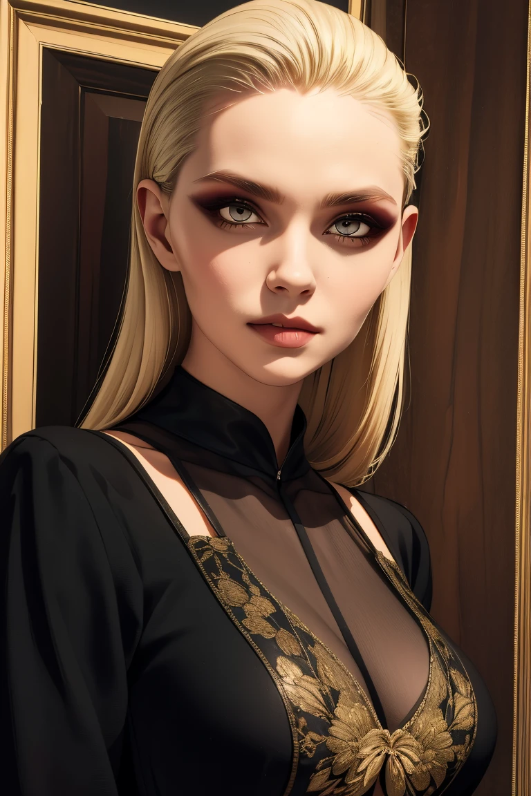 maranda,blonde hair,hair slicked back, white eyes, 
elegant black dress
(insanely detailed, masterpiece, best quality),