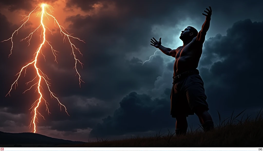 Create a realistic image of Job, as described in the Bible, depicting him in a desolate field. He must have a shaved head, visibly covered in ulcers and sores that spread from his feet to his head. His face expresses deep pain and anguish, as he raises his hands in supplication to God, crying for help. Ao fundo, a storm forms dramatically in the sky, symbolizing the manifestation of the divine presence as an answer to their prayers. The atmosphere must be charged with tension, with dark clouds and lightning illuminating the scene, reflecting both the desolation of Job and the majesty of God's power. The color palette should be dark, with shades of gray and dark blue, highlighting the seriousness of the situation, but also bringing to light hope in divine intervention.