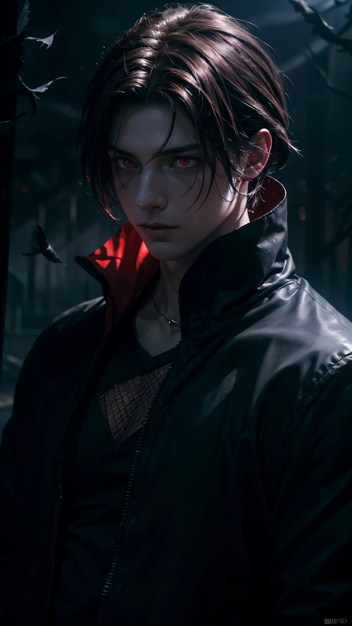 A boy with brown hair, glowing red eyes, his body fading into crows, eerie atmosphere, dark night, (best quality, 4k, high resolution, masterpiece:1.2), ultra-detailed, realistic, dramatic lighting, ominous shadows, intricate feather details, mysterious environment, deep blues and blacks, surreal art style