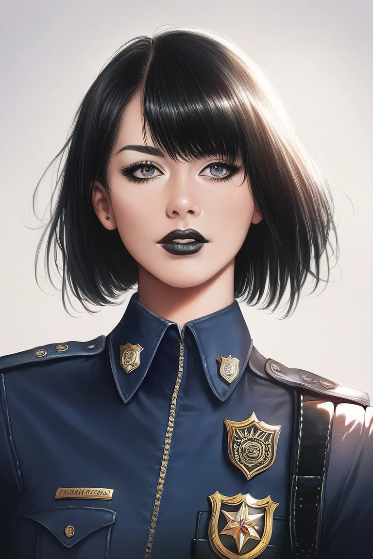 score_9, score_8_up, score_7_up, score_6_up, manga art, high quality art, highly detailed, masterpiece, cinematic lighting, high quality artwork, beautiful, 1girl, police outfit, crosshatch shading, bob cut, black lipstick, sharp eyeliner, defined eyelashes, detailed clothes, detailed hair, detailed eyes, detailed skin. highly detailed, masterpiece, cinematic lighting, high quality artwork, beautiful, 