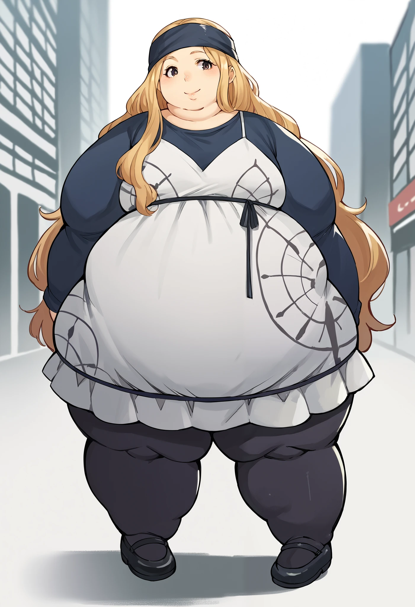 score_9, score_8_up, score_7_up, source_anime BREAK 1girl, solo,   chihayap5, very long hair, blonde hair, headband, shirt, dress, black pantyhose, looking at viewer, smile, standing, city, shinjuku, fat, chubby, obese, full body shot 