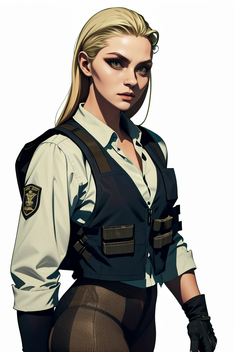 maranda,blonde hair,hair slicked back, white eyes, 
flannel shirt,bulletproof plate carrier vest,combat gloves
(insanely detailed, masterpiece, best quality),