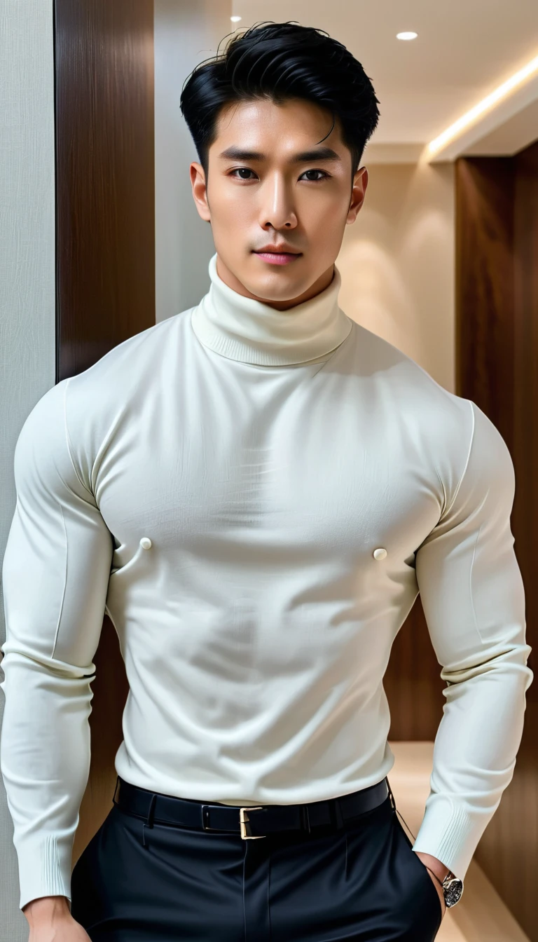 (Original),Orihansome ,  malekorea handsome  ,pectoral muscles, big arm muscles  ,Blood vessel,, wide shoulders ,   wear a black turtleneck sweater and fabric pants,