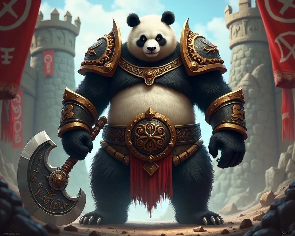 (Male panda warrior with Viking elements, full body, muscular build, intricately detailed armor, authentic Viking helmets, bearded face, fierce expression, realistic rendering, highest quality, masterpiece, ultra-detailed, dramatic, trending on ArtStation, realistic, sitting on a warhorse, looking directly at the viewer, red and gold accents on armor, lifelike fur, detailed eyes and face, brightly lit scene, intimate and intense atmosphere)
Guerrier (Warrior) panda (Male panda with humanoid features and portrayal of the Viking culture)
- Full body, showcasing the muscular build and intr