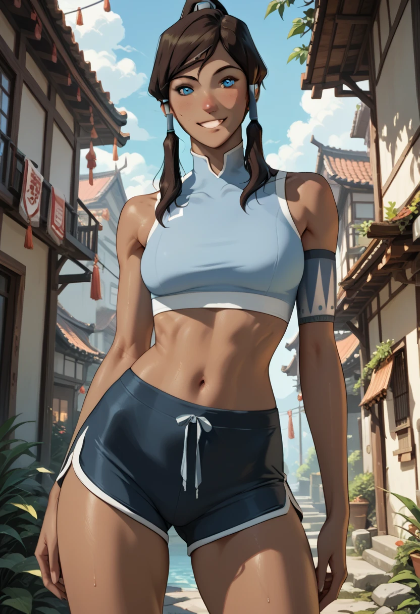 1woman, chestnut colored skin, slim, well toned muscles, dark brown hair, hair ornament, hair tubes, loose high ponytail, bright blue eyes, warm smile, wearing a too tight sports bra, skin-tight dolphin shorts, standing with legs apart, korraSDXL