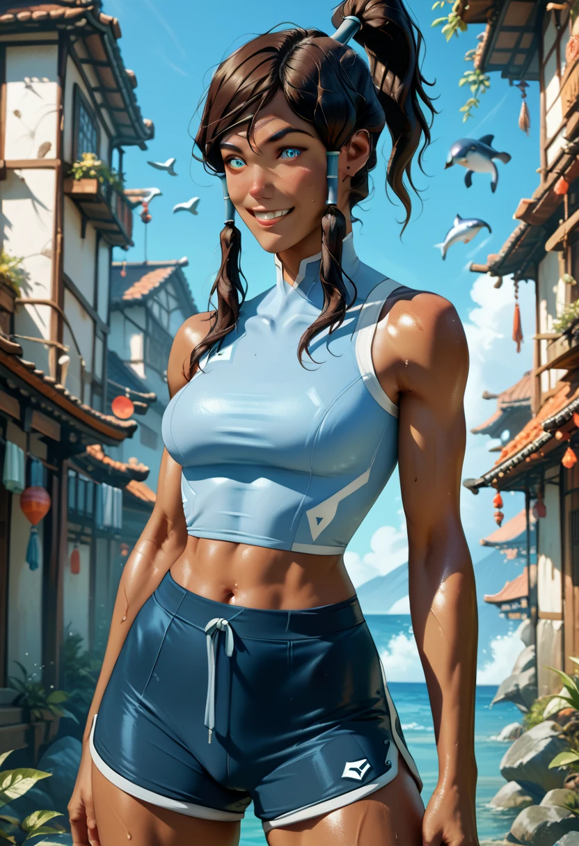 1woman, korra, chestnut colored skin, slim, well toned muscles, dark brown hair, hair ornament, hair tubes, loose high ponytail, bright blue eyes, warm smile, wearing a too tight sports bra, skin-tight dolphin shorts, standing with legs apart