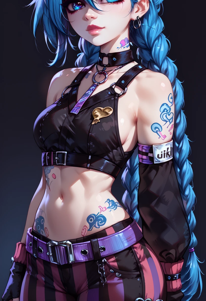 score_9, score_8_up, score_7_up,, looking at viewer, barely visible abs, detailed, crop top, sleeve, armbands, purple striped pants, gloves, belt, 1girl, j1nx, jinx, jinx arcane, blue hair, pale skin, chocker, blue eyes, long blue twin pigtails, tattoo, simple background, beautiful color, aesthetic, 2d, close-up shot, view from aside, solo, 1girl, dramatic lighting, ornate, sideboob